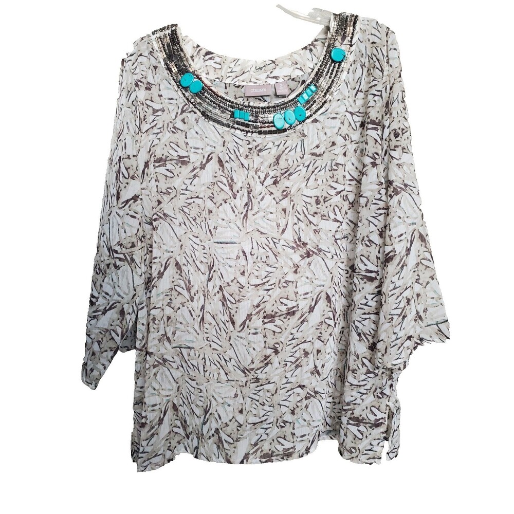 Chico's Chiffon Semi-Sheer Leaf Print Embellished Neckline Blouse Size 2 Large